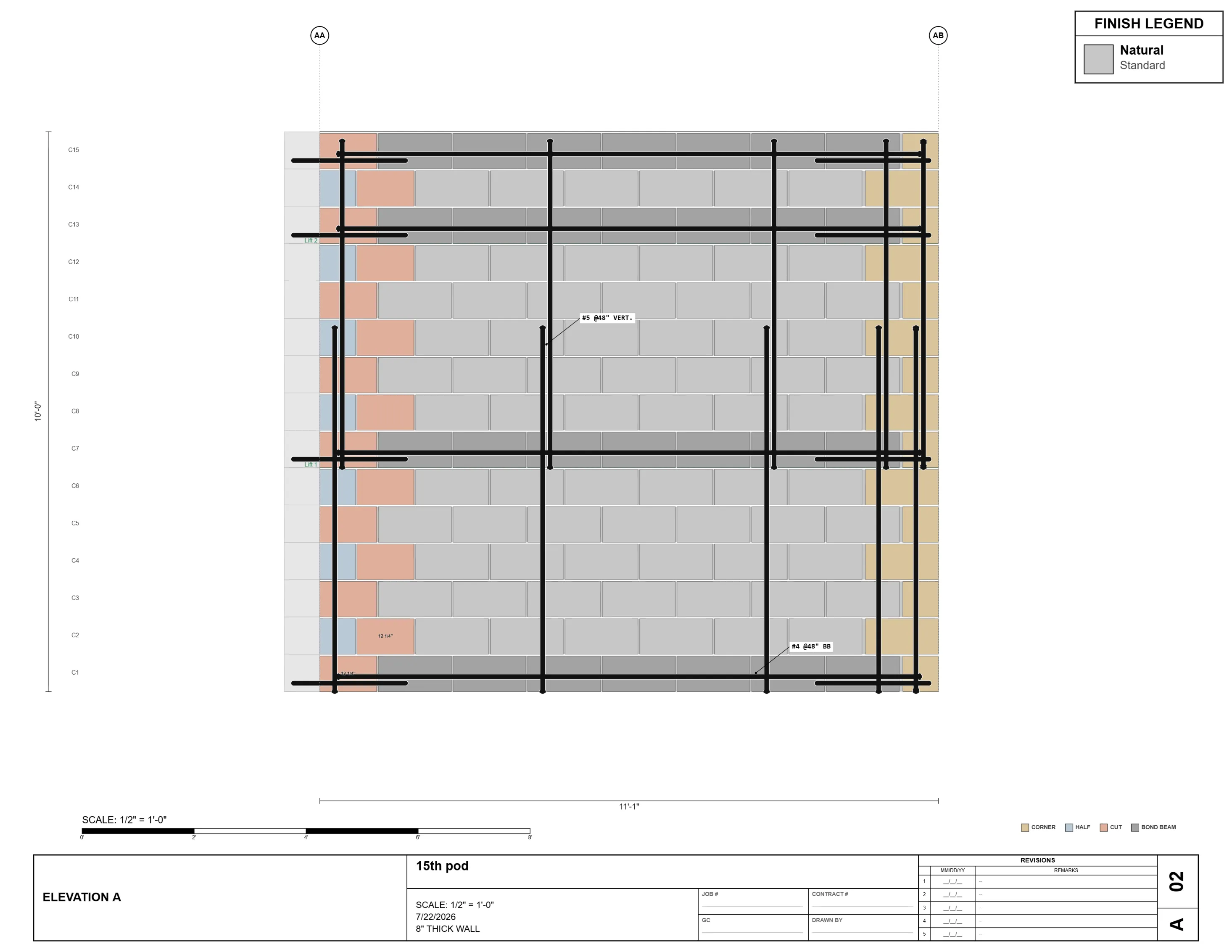 Actual TMM shop drawing, Sheet A02 Elevation A of the 15th pod — courses numbered C1
          through C15, every unit color-coded corner, half, cut, or bond beam per the legend,
          number 5 vertical rebar at 48 inches on center and number 4 bond-beam rebar overlaid,
          with dimensions and title block
