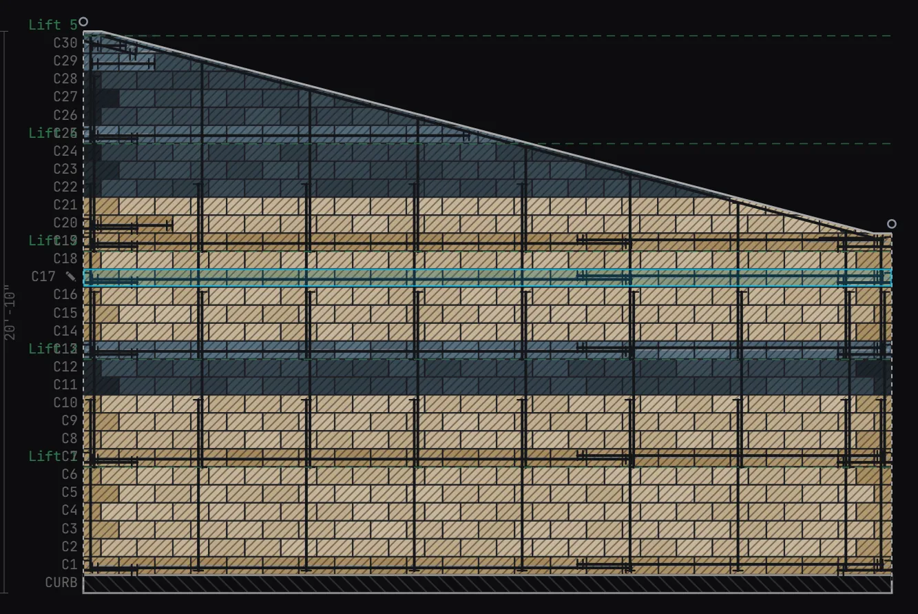 Masonry shop drawing example: a coursed CMU rake wall elevation with courses numbered C1 to C30 over a curb, lift lines every six courses, vertical and horizontal rebar, solid grout hatching, and two banded block colors