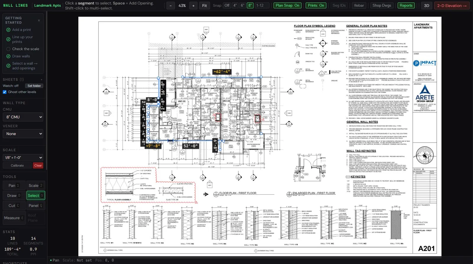 TMM plan view — the Landmark Apartments architect's floor plan loaded as a print with
            walls traced over it in blue, an 8-inch CMU wall type set in the left toolbar, and live
            stats reading 10 lines, 14 segments, 189 feet 4 inches